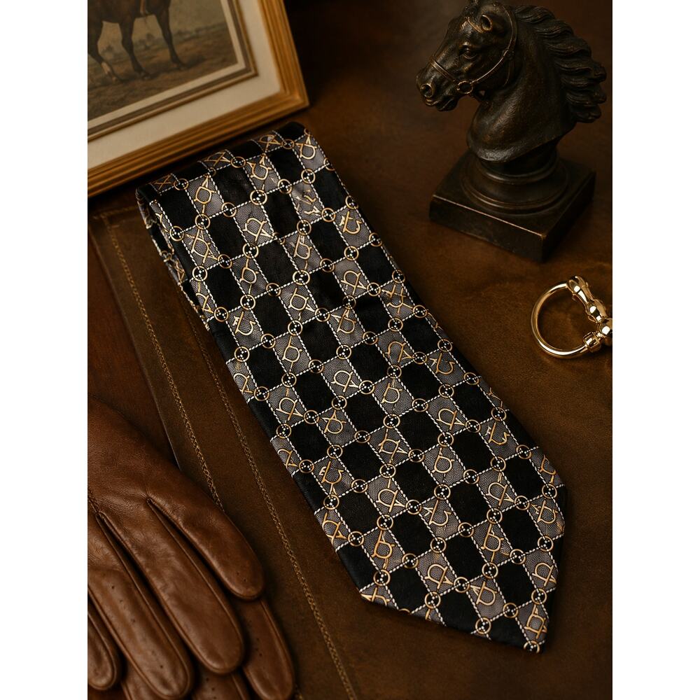 PAOLO GUCCI Horse Bit Equestrian Silk Tie Black Gray Gold Made in Italy